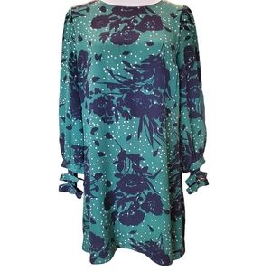 Aryn K 100% Silk Shift Green Floral Dress W/ Accent Cuffs Zipper Sz. Medium